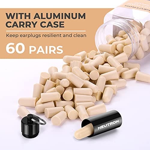 Neutron Soft Foam Ear Plugs with Travel Case - Noise Cancelling 38dB SNR - Earplugs for Sleeping, Travel, Concerts, Studying, Work, Loud Noise, Snoring - 60 Pairs - Beige — view 3