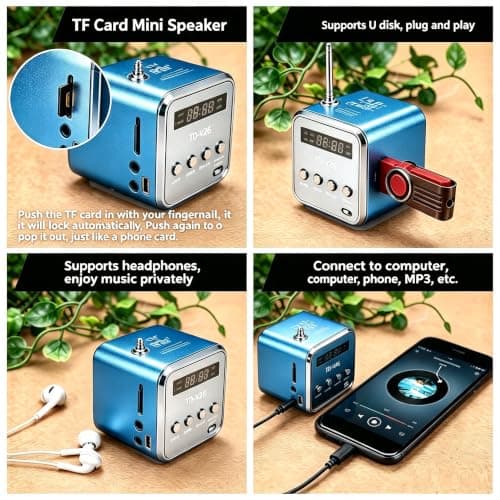 Mini Radio Bluetooth Speaker, Portable FM Radio, Outdoor Wireless Mini Speaker, Music Speaker, MP3 Player, Sound Station, USB, Line-In, Micro SD TF (Blue) — view 4
