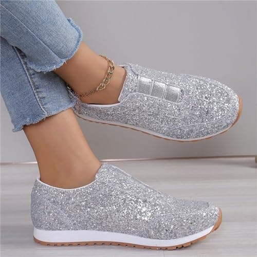 Sequin Shoes for Women Womens Glitter Slip On Trainers Breathable Silver — view 5