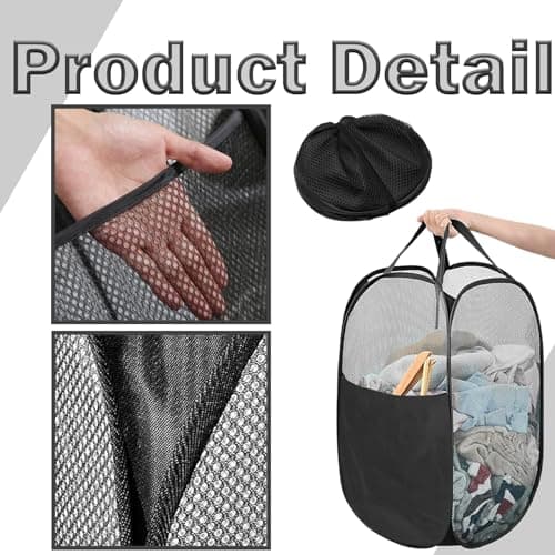 Tyrzol Large Washing Basket Collapsible Mesh Collapsible Washing Basket Pop up Laundry Hamper Basket with Side Pocket Laundry Hampers Mesh Laundry Baskets with Handles for Bathroom College Dorm Black — view 3