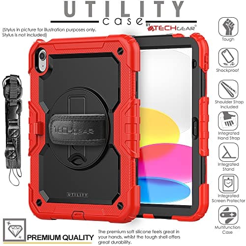 TECHGEAR UTILITY Case for iPad 11" A16 (11th Gen 2025) & 10.9" (10th 2022), Rugged Heavy Duty Shockproof Cover Screen Protection, 360 Stand, Hand & Shoulder Strap - for Work, School, Travel etc - Red — view 3