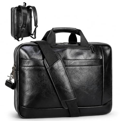 Stuery Faux Leather Messenger Bag for Men: 17.3 Inch Laptop Bag Briefcasen Convertible Backpack 3 in 1 Computer Handbags Work Bag Shoulder Crossbody Bags Office, Black