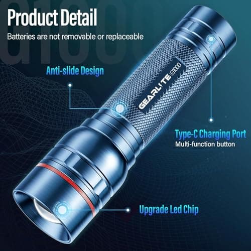 GEARLITE Rechargeable LED Torch, 2000LM Torches LED Super Bright with 3 Modes, Portable Small Torch with Battery, Waterproof Flashlight Zoomable for Power Cut, Emergency, Camping, Hiking, Outdoor-Blue — view 4