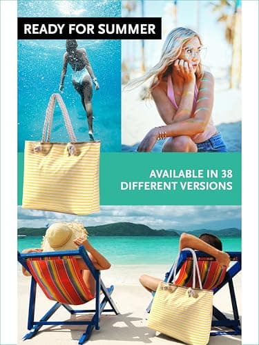 DonDon Large Beach Bag for Women with Zip Waterproof Pool Bag Holiday Bag Maritime Stripes Yellow White — view 5
