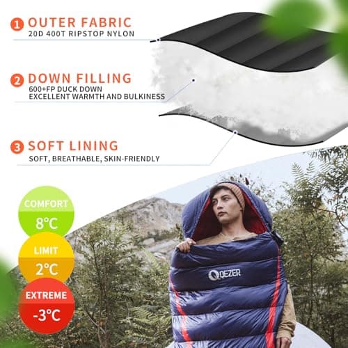 QEZER Down Sleeping Bag,Lightweight Rectangular Winter Sleeping Bag [1180g/1860g] for Adults and Kids 4 Season Camping, Hiking,Warehouse and Moutaineering Outdoor (Blue, 600g down) — view 3
