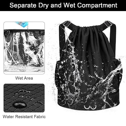 RYACO Drawstring Backpack Sports Gym Bag, Water Resistant String Sackpack Large Size with Zipper and Water Bottle Mesh Pockets for Gym Shopping Sport Yoga School Swimming Beach — view 3