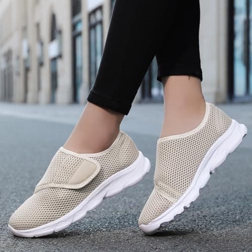 Men’s Slip On Walking Trainers with Cross Elastic Band Breathable Mesh Lightweight Cushioned Shoes for Summer Travel Outdoor Activities Beige, Size 5 — view 2