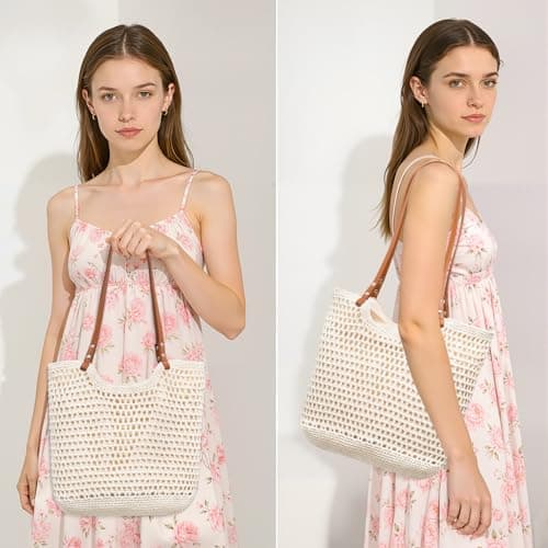 Toptime Crochet Beach Bags for Women, Summer Woven Beach Tote Bag with Zipper, Bohemian Large Crochet Handbags with Leather Handle, Lightweight Mesh Shoulder Bag for Travel Vacation Shopping (Beige) — view 6