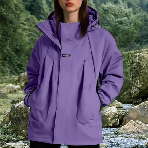 Anbiryeik Womens Lightweight Waterproof Jackets with Hood Pockets Breathable Windproof Raincoat Softshell Packable Windbreaker Zip Up Outerwear Outdoor Travel Fall Hiking Cycling Walking Purple XXL — view 2