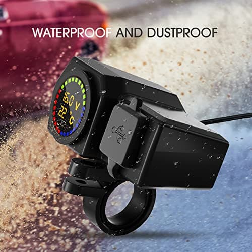 Motorcycle USB Charger Waterproof, Dual Quick Charge Ports - 5V 3.4A/3A USB and Type-C PD, Motorbike Handlebar Adapter Charger Socket with Power Switch, Voltmeter & Thermometer for Phone, Tablet, GPS — view 5