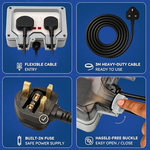 Desiretech Outdoor Double Switched Socket with 3m Cable – IP66 Waterproof & Dustproof Socket – 2 Gang Plug with LED Indicators – High Impact PC Housing – Weatherproof Power Outlet for Sheds & Garages — view 5