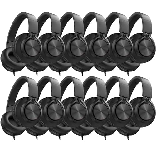 AILIHEN Headphones Wired 12-Pack Bulk for School Students Kids K-12 Classroom，Adjustable, Foldable, Over-Ear Headsets with Microphone HD Stereo Sound 3.5mm Jack for Chromebook, Laptop (Black)