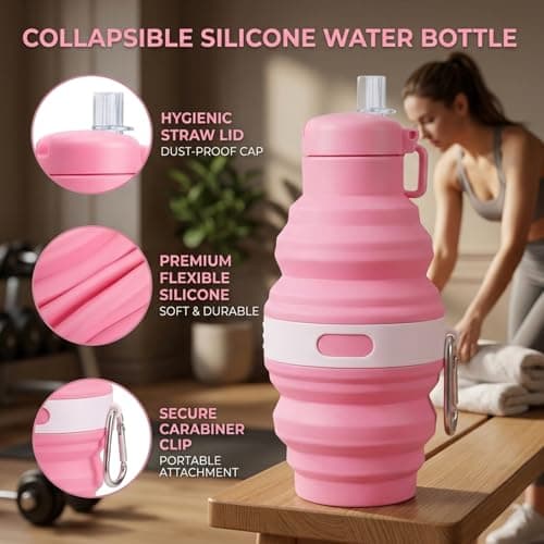 ZISHAN Collapsible Water Bottle, Foldable Water Bottle for Travel and Outdoor Activities, Portable Hydration Solution with Suction Nozzle, Pink Silicone Design Collapsible Cup for Gym and Commuting — view 3