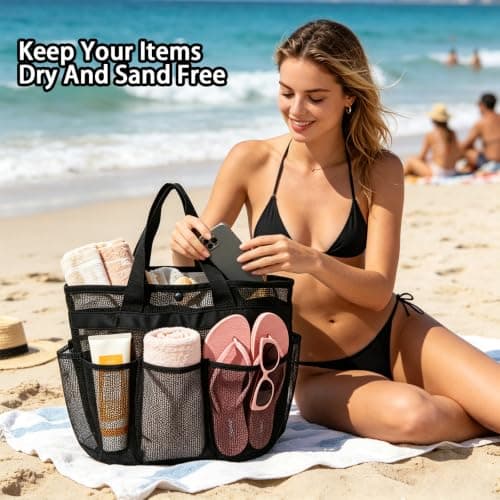 Ehuixinsheng Black Mesh Beach Bag,Lightweight Foldable Quick Dry Summer Net Beach Bag Handheld Hollow Mesh Tote Bags for Women for Family Holiday Travel Picnic Swimming Pool Grocery Organizer — view 2