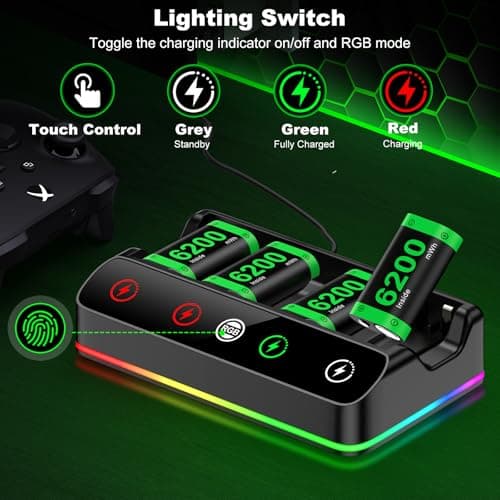 Rechargeable Battery Pack for Xbox One/Series Controller, 4x6200mWh Battery Pack with Charger/Cooling RGB/25H Playtime, Compatible with Xbox One/S/X/Elite 1, Series S/X Controller Thumb Grips — view 5