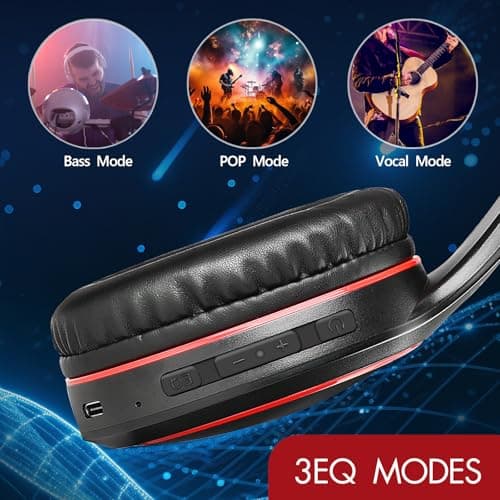 WorWoder Bluetooth Headphones Over Ear, 70H Playtime and 3 EQ Music Modes Wireless Headphones with Microphone, HiFi Stereo Foldable Lightweight Headset, Deep Bass for Home Office Cellphone PC (Red) — view 3