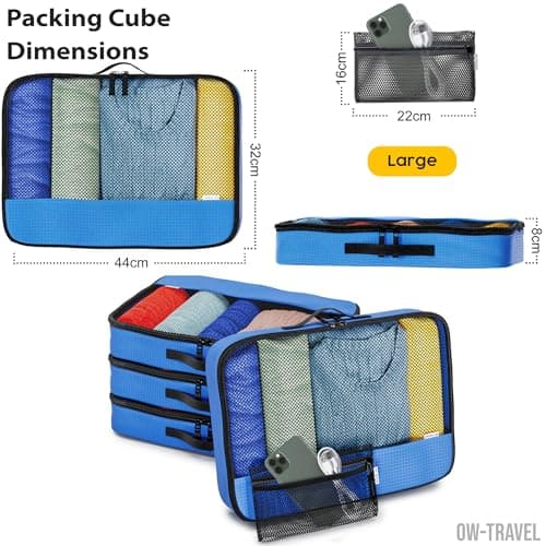 OW-Travel Packing Cubes for Suitcases 5 Pcs Blue Large with Mesh Zip Pouch — view 4