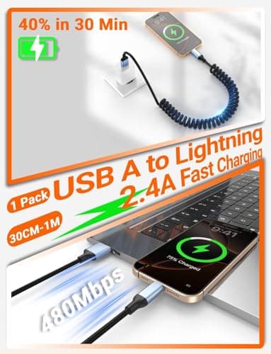 USB to Lightning Coiled Cable for Car, Tangle-Free [MFi Certified] Short IPhone Lightning Retractable Lead, Cord, Fast Charge for Apple iPhone 14 13 12 11 Pro Max XS XR X 8 Plus, iPad (1Pack, 30CM-1M) — view 2