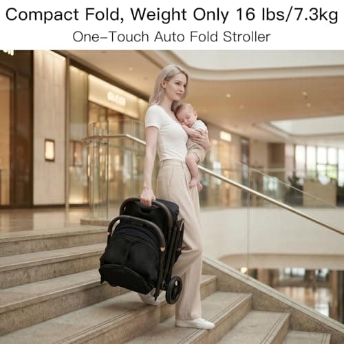 Gromast Gravity Folding Baby Stroller - Portable Travel Toddler Stroller w/Adjustable Backrest, Canopy & Cup Holder, Lightweight and UV Protected, One-Hand Automatic Folding - Black — view 3