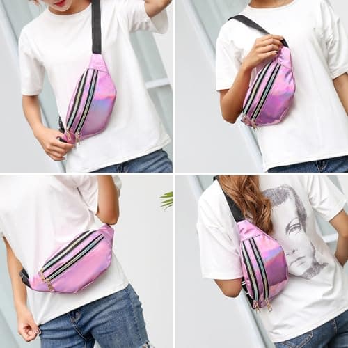 BAIYSFFG Metallic Fanny Pack Fashionable Waist Bag Waterproof Belt Bags Unisex Fashion Waist Casual Travel Bum Bag with 3 Zipper Pockets for Women Men Sports Running Hiking Jogging (Purple) — view 6