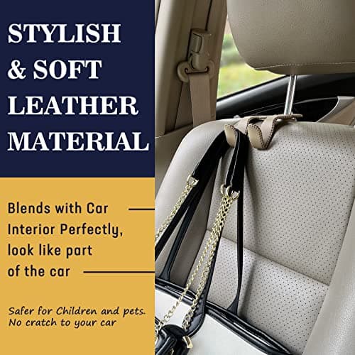 TISOHUGO Upgraded Headrest Hooks for Purses and Bags, 2 in 1 Car Back Seat Head Rest Hanger Matching Cars Interior Genuine Leather Vehicle Storage Holder Hook, 1 Pack, Black — view 3