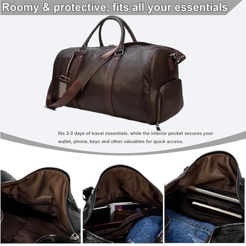 Yevabo Genuine Leather Duffel Bag for Men & Women, Cabin Friendly Carry-On Weekender Bag for Gym Travel Overnight Trips, Brown — view 3
