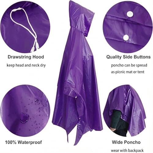 UPSEN Rain Ponchos for Adults, 2 Pcs Reusable Raincoats Coats Jackets Emergency for Women Men with Hood, Purple — view 3