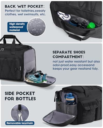 RAINSMORE Sports Gym Bag for Men Women, 45L Large Duffel Bag with Shoe Compartment and Wet Pocket, Water Resistant, 3-in-1 Travel Holdall Weekender Black — view 5