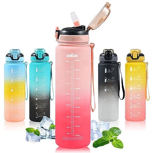 SEASEVEN Sports 1L Water Bottle with Straw for Gym,Office(Gradient-Pink)