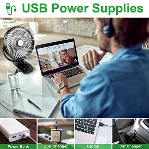ELZO Clip on Fan, 5000mAh Mini USB Desk Auto Oscillating Small Fan, 360° Rotation Rechargeable Stepless Speed, Super Quiet Portable Fan for Office Stroller Car Camping Travel, Black — view 5