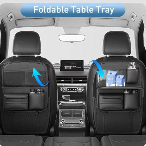 Singring Leather Car Backseat Organizer with Foldable Table Tray, Waterproof Car Seat Back Protectors Kick Mats, Foldable Car Table for Backseat Headrest with Pockets — view 3