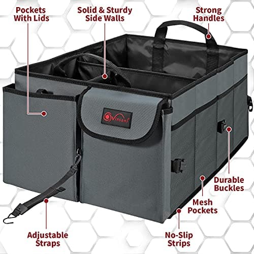 Vinsani Deluxe Car Boot Storage Organiser Bag Anti Slip Foldable Large Tool Box Interior Accessories Declutter Solution Sport Camping Kit Organizer - Suitable for All Vehicles (Grey) — view 3