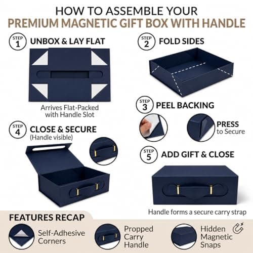 Emartbuy Blue Folding Magnetic Gift Box with Faux Leather Handle – 33 x 25 x 12 cm – Fits Hampers, Books & Mid-Size Gifts – Birthdays Weddings Christmas Corporate Gifting Trade — view 5