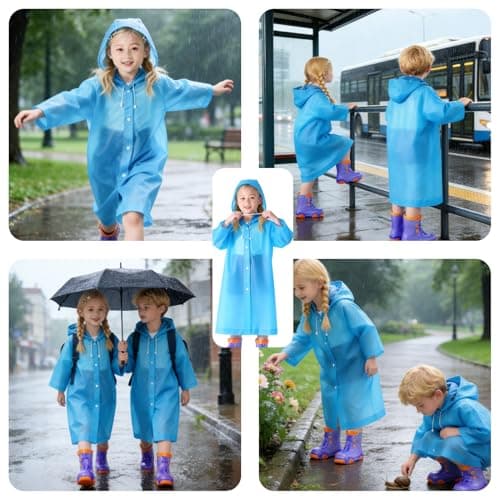 AropaeenGlowry 2pcs Kids Waterproof Rain Poncho with Hood & Sleeves - Reusable EVA Raincoat for Boys Girls, Camping & Travel, Blue — view 6
