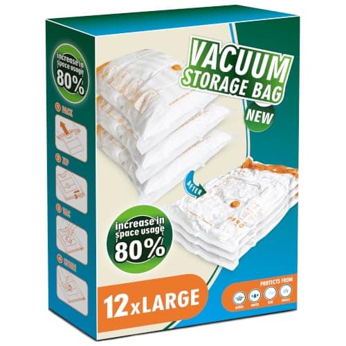 Storage Master Space Saver Bags for Travel and Home Reusable Vacuum Storage Bags Save 80% More Storage Space (12 Large, No Pump Included)