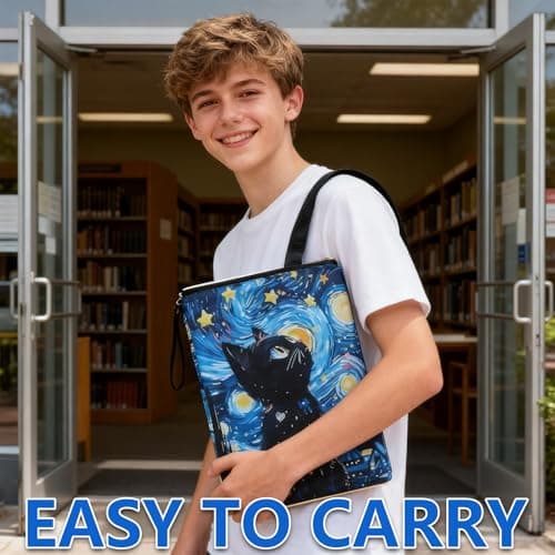 LHLZNB 3PCS Starry Night Black Cat Book Pouch Set, Waterproof Book Sleeve 22.3x29.5cm with 2 Alloy Cat Keychains Black White Heart for Book Lovers — view 4