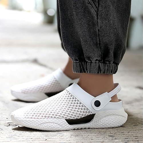 Mens Closed Toe Sandals Wide Fit Sliders Mesh Hollow Breathable Shoes Back Strap Platform ArchSupport Orthopedic Lightweight Casual Walking Hiking Beach Slipper (White, 7.5) — view 5