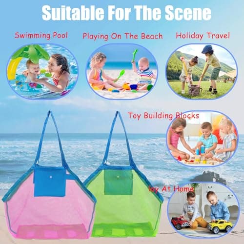 JSTHHTT 2 Pcs Large Mesh Beach Bags, Extra Large Mesh Tote Bags with Pocket, Sandproof, Breathable, Adults Beach Bags for Women, Kids, Unisex, Green, Pink, Multicolour, 45cm x 30cm x 45cm — view 6