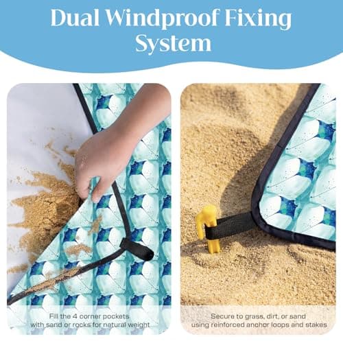 Beach Blanket Sandproof Waterproof, 213 x 213 cm Large Beach Mat with Stakes & Travel Bag, Lightweight,Quick-Dry, Portable Picnic Mat Beach Essentials for Outdoors,Cruise,Picnic & Camping, Manta Ray — view 3