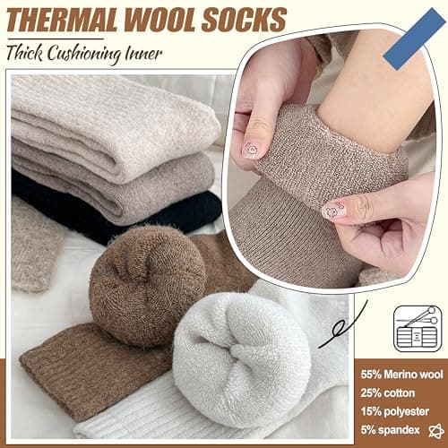 EBMORE Womens Merino Wool Socks Thermal Warm Winter Thick Cosy Boot Crew Cabin Ladies Work Soft Walking Hiking Socks 5 Pairs Gift Stocking Fillers(Beige/White/Black/Khaki) — view 5