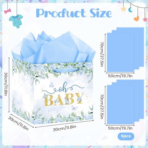 Extra Large Baby Boy Gift Bag, Baby Shower Square Gift Bags Blue Floral Wrapping Paper Bag Oh Baby Jumbo Gift Bags for Boys New Parents Gender Reveal Party Favors — view 3