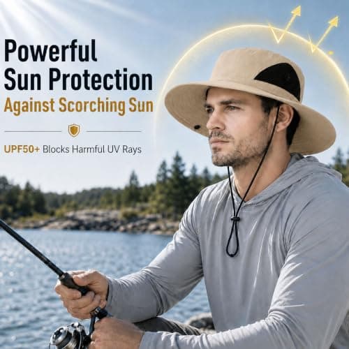 newhsy Wide Brim Sun Hat Mens UPF50 Breathable Mesh Foldable Bucket Safari Hat for Fishing Hiking Travel (Khaki) — view 2