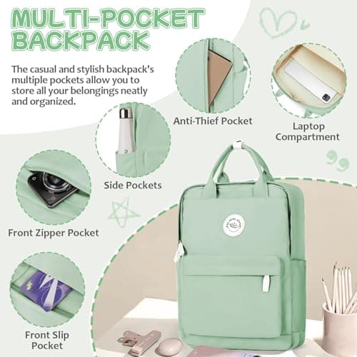 HYC00 Lightweight School Backpack Secondary Girls Boys School Bags for Teenager College Students Water Resistant Casual Travel Rucksack Bag for Women Men 14 inch Laptop Backpack Bookbag, Mint Green — view 4