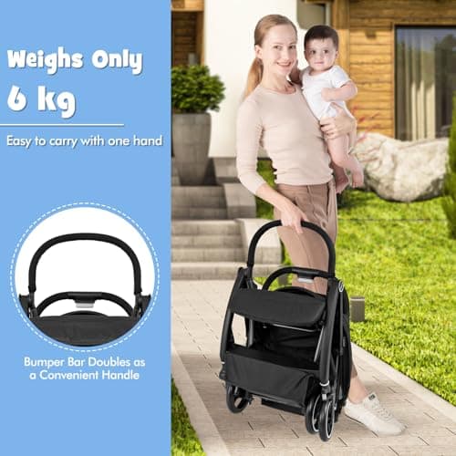 COSTWAY Baby Pushchair, One Hand Foldable Toddler Stroller with Adjustable Backrest & Canopy, 5-Point Harness, Storage Basket, Lightweight Travel Pram for Infants 0-36 Months (Black) — view 3