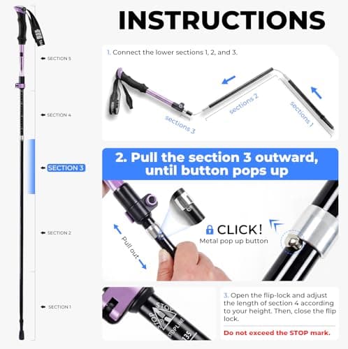 TANSTRIDER Trekking Poles for Hiking - Collapsible Lightweight 7075 Aluminum Hiking Sticks, 110-135 cm Adjustable Tri-Fold Walking Poles with Anti-Slip EVA Grip for Men and Women (Purple) — view 3