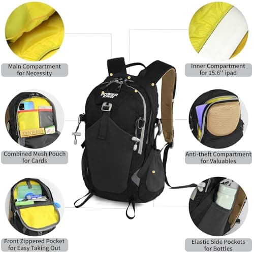 Lightweight Hiking Backpack, 30L Women/Men Waterproof Travel Rucksack Bag with Rain Cover, Outdoor Small Foldable Daypack for Student, Fit for 15.6 inch Laptop (Black, 30L) — view 5