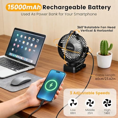 LETREEN 15000mAh Clip on Fan, 3 in 1 Rechargeble USB Desk Fan, Black — view 2