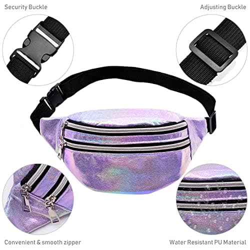 Waist Fanny Pack for Women Waterproof PU Bumbags for Ladies Fashion Shiny Bum Bag with Adjustable Belt for Dog Walking Hiking Travel Cycling (Purple) — view 5