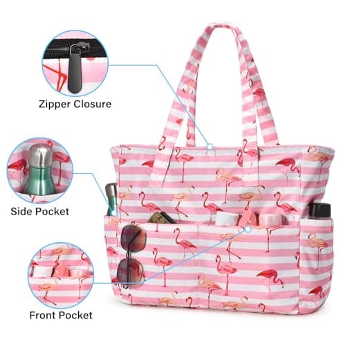 oscaurt Beach Bags Large Tote Bag with Zip Waterproof Foldable Weekend Bag Lightweight Travel Gym Bag for Women Holiday Essentials Handbags with Multi Pockets — view 3