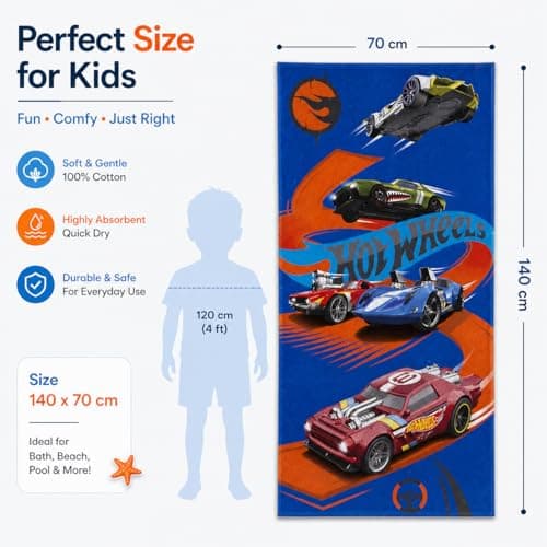 SRV Hub Hot Wheels Kids Cotton Towel – 140 x 70 cm Super Soft and Fast Drying Beach/Bath Towel – Car Racing Design for Boys – Lightweight, Travel-Friendly, Machine Washable — view 2